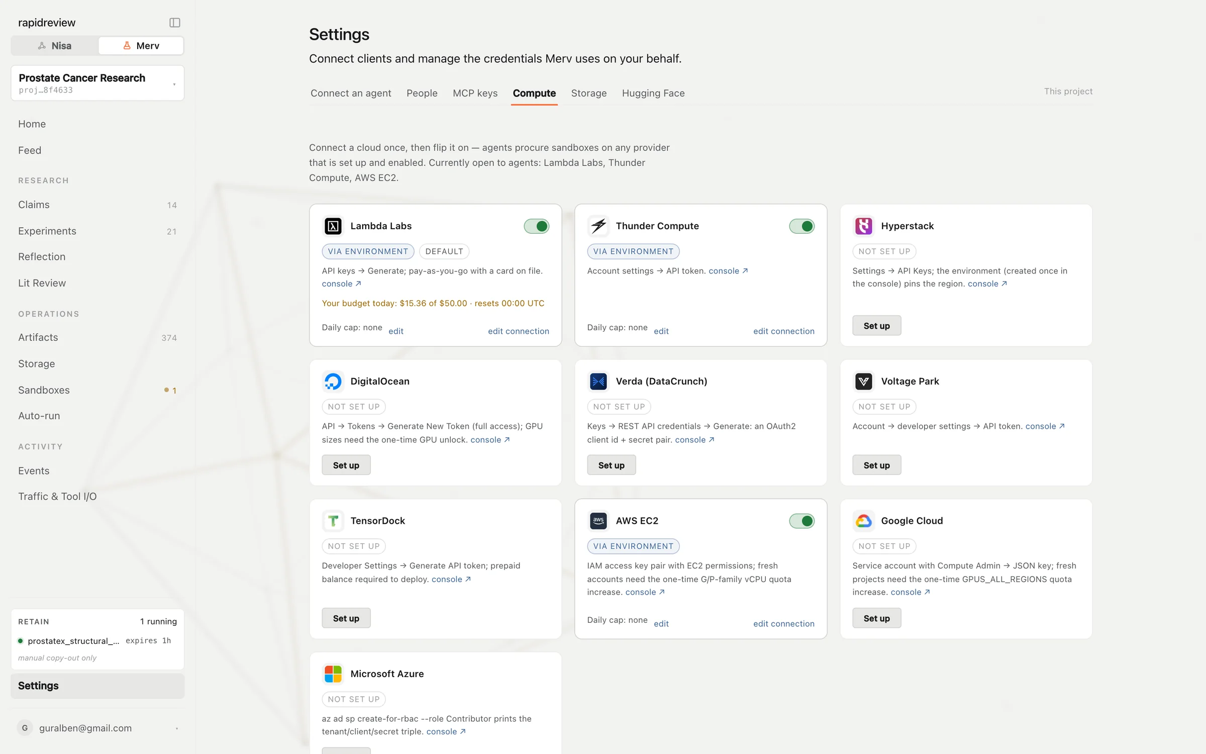 Merv Settings → Compute: provider cards for Lambda Labs, Thunder Compute, Hyperstack, DigitalOcean, Verda, Voltage Park, TensorDock, AWS EC2, Google Cloud and Microsoft Azure, with enable toggles, budgets and daily caps