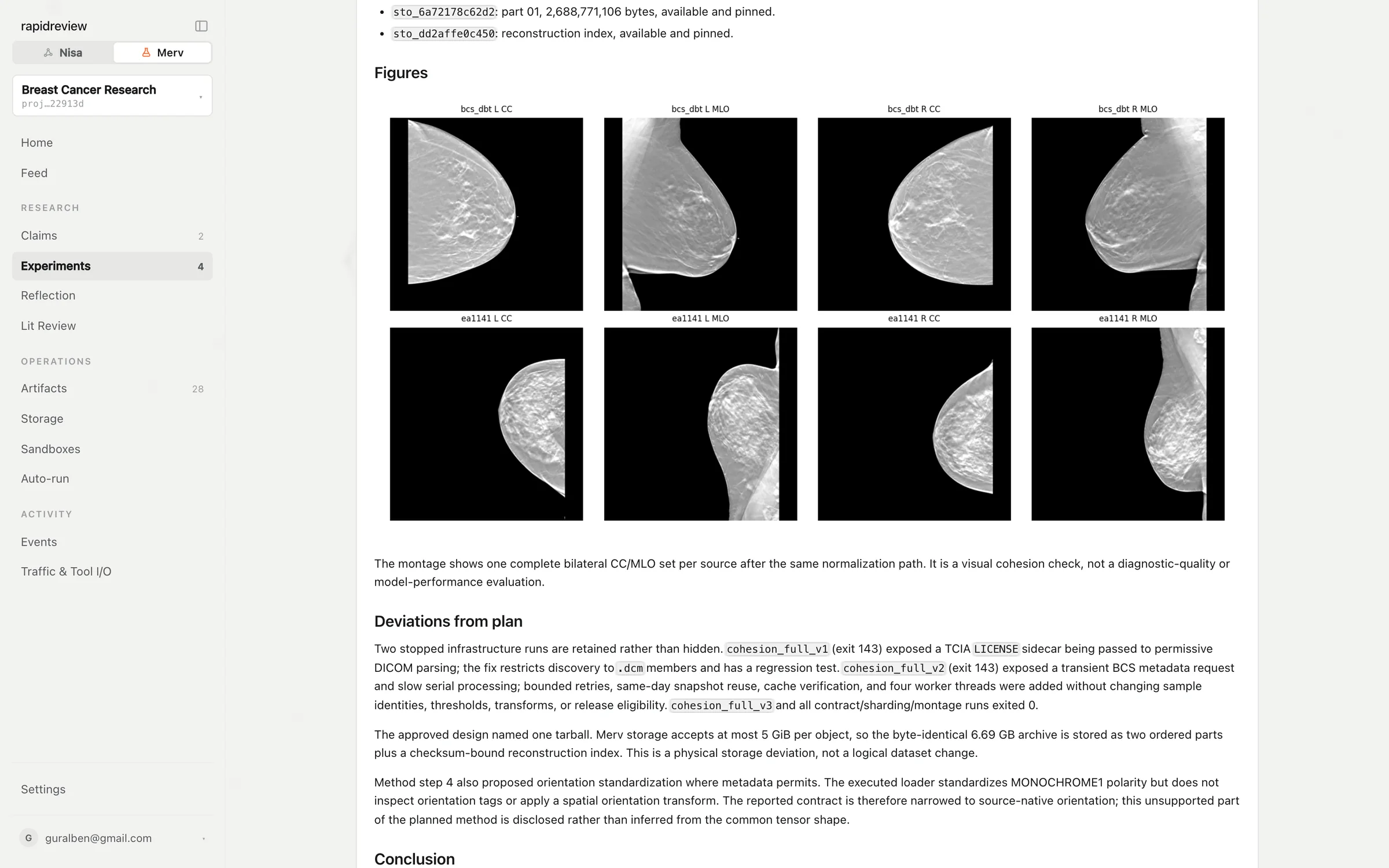 The figures section of the experiment: a balanced mid-slice mammography montage from BCS-DBT and EA1141, followed by the “Deviations from plan” section that retains two stopped runs