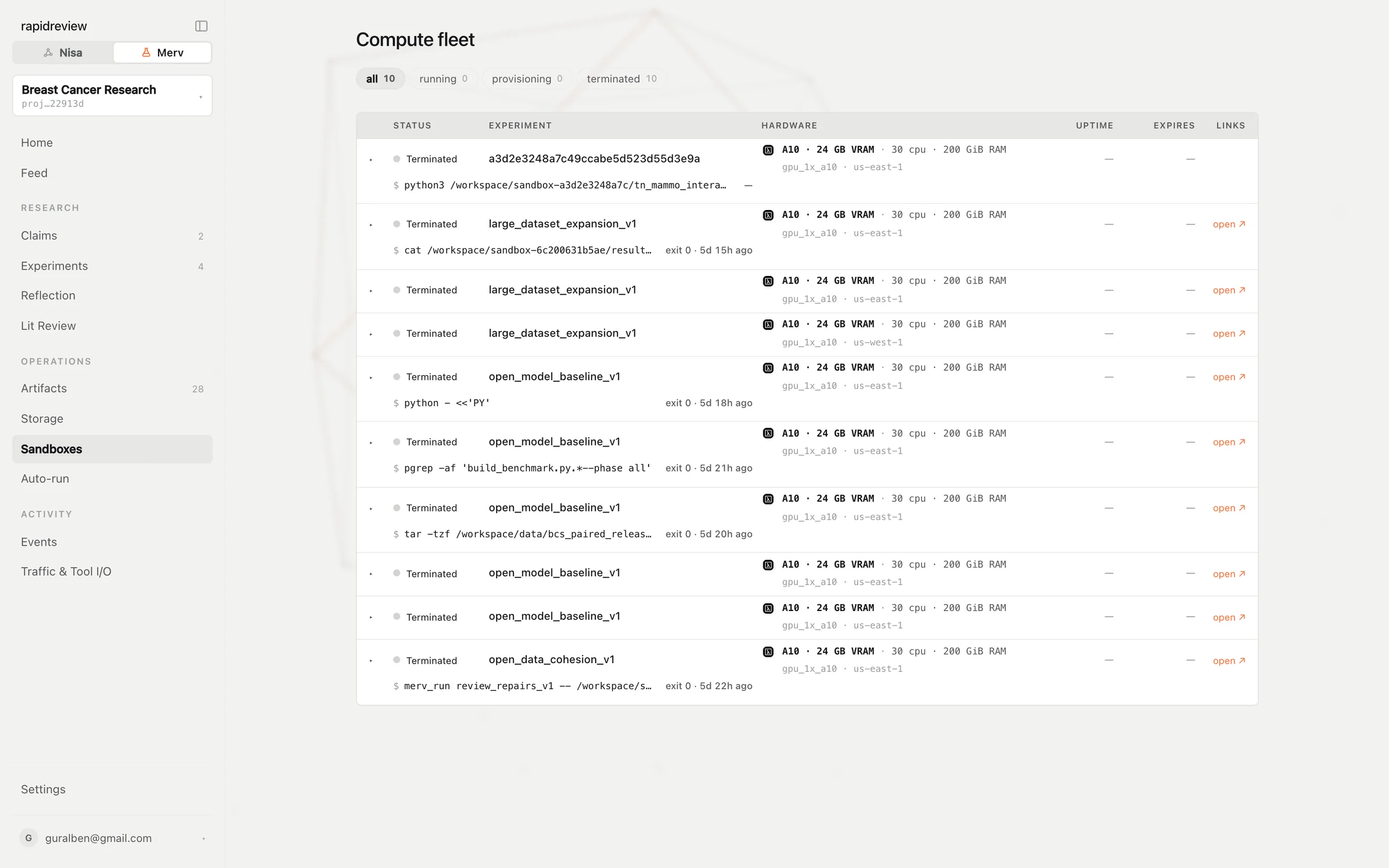 The Compute fleet table for the Breast Cancer Research project: A10 sandboxes on Lambda with the experiment each served, the running command, exit codes and uptime