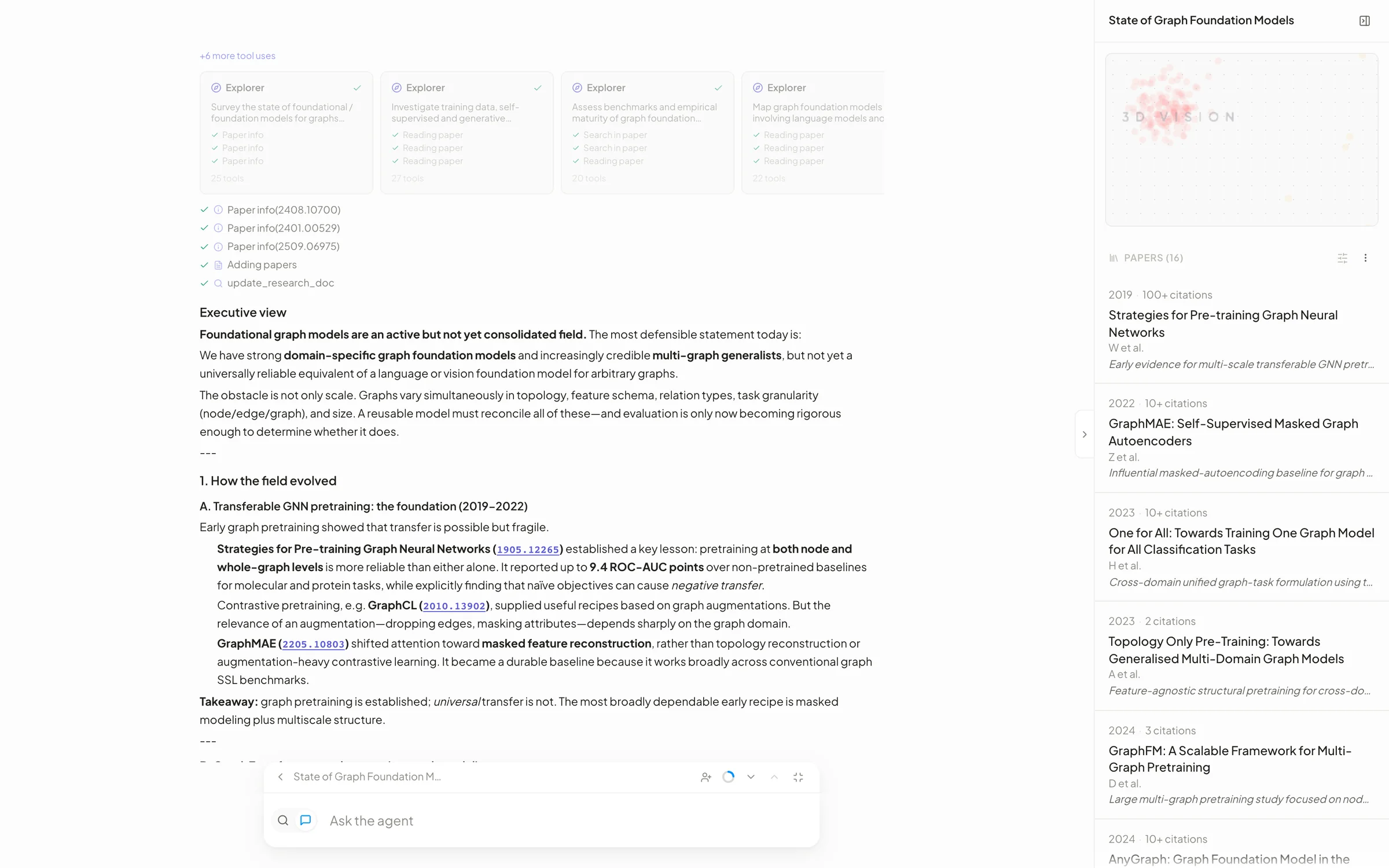 Nisa’s chat in full screen: four Explorer sub-agents with distinct briefs about graph foundation models, their tool calls, the start of an executive summary, and a research rail listing sixteen papers