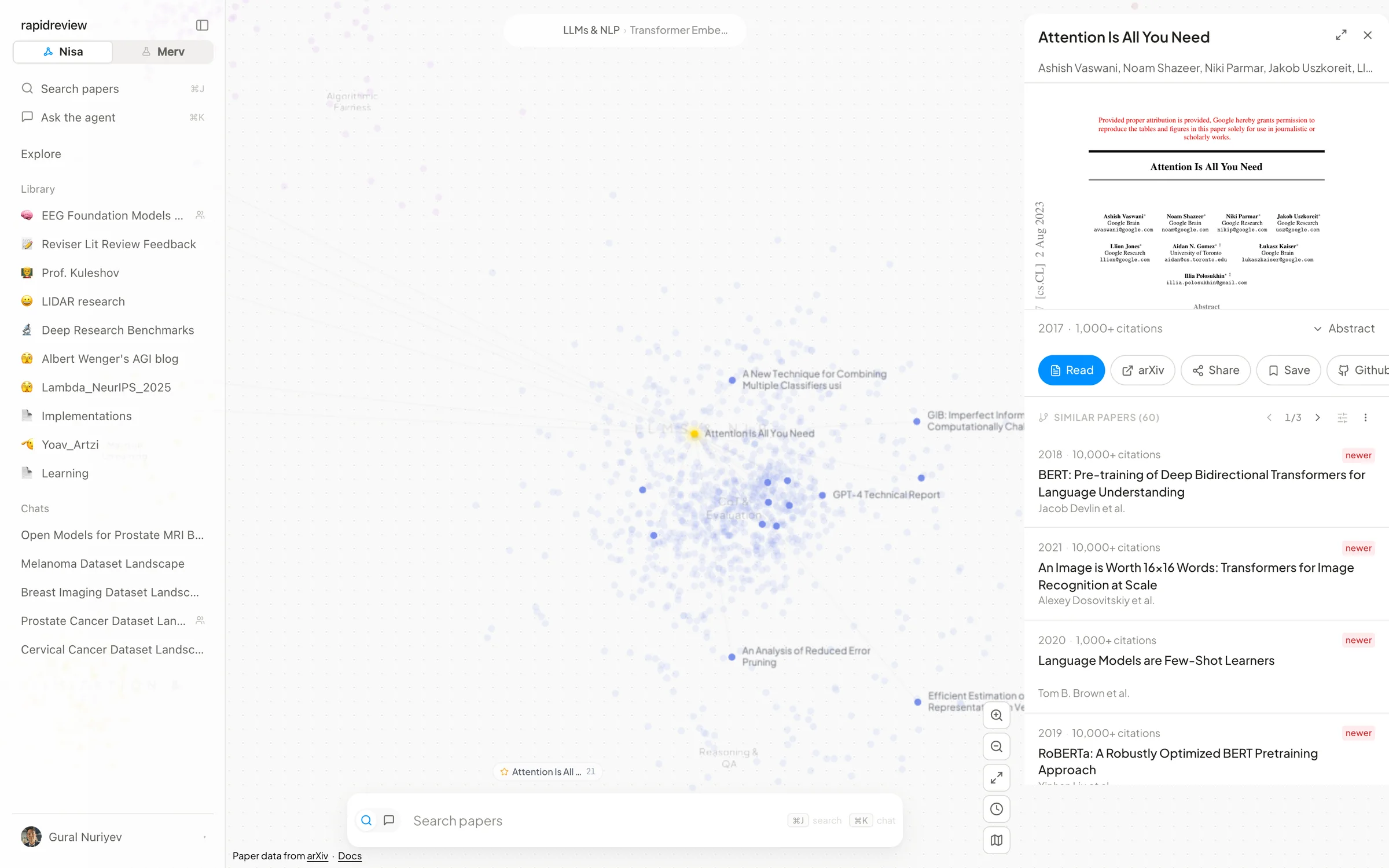 Attention Is All You Need in focus: the paper highlighted on the map with lines to related papers, and a panel showing the first page, actions, and sixty similar papers