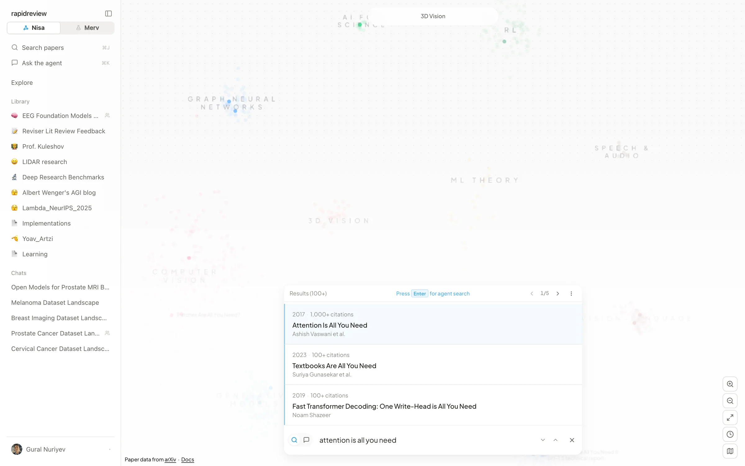 A search for “attention is all you need” over the map, with ranked results
